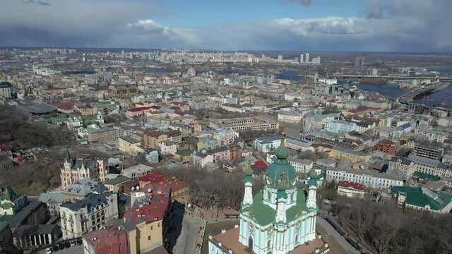 The city of Kiev. St. Andrew's Church is a landmark of the city. Aerial view.