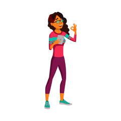 latino woman buying ticket to cinema on tablet cartoon vector. latino woman buying ticket to cinema on tablet character. isolated flat cartoon illustration