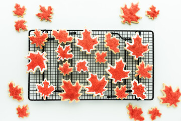 Top down view of Canada flag cookies on a cooling rack with some cookies scattered around on the white background.