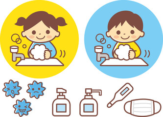 手洗いする子供のイラスト_正面＿ライン有