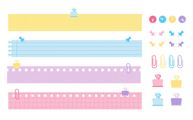 Flat stationery set. Pieces colored paper notes with color lined. Horizontal templates checkered, line or dot sheet with perforation. Office or school element push pin, paper clip. Vector illustration