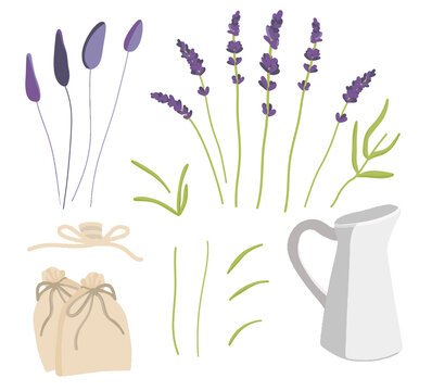 Elegant Lavender Set, Lavender Bouquet Collection, Lavender Bouquet In Hand, Dried Flowers, Flower Vase, Herb Bags, Lilac Color, Isolated Background. Vector Illustration