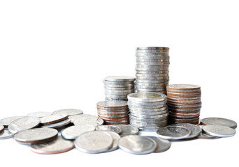 Thai coins stack isolated on a white background for finance and business concept.
