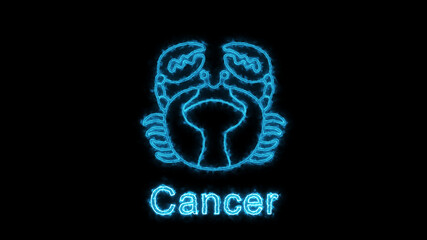 The Cancer zodiac symbol, horoscope sign lighting effect blue neon glow. Royalty high-quality free stock of Cancer sign isolated on black background. Horoscope, astrology icons with simple