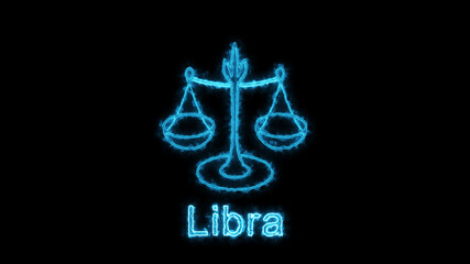 The Libra zodiac symbol, horoscope sign lighting effect blue neon glow. Royalty high-quality free stock of Libra sign isolated on black background. Horoscope, astrology icons with simple