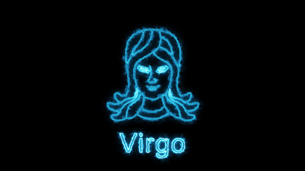 The Virgo zodiac symbol, horoscope sign lighting effect blue neon glow. Royalty high-quality free stock of Virgo sign isolated on black background. Horoscope, astrology icons with simple