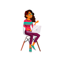 laughing hispanic woman listen music on laptop cartoon vector. laughing hispanic woman listen music on laptop character. isolated flat cartoon illustration