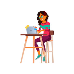 happy woman check social site in internet cafeteria cartoon vector. happy woman check social site in internet cafeteria character. isolated flat cartoon illustration