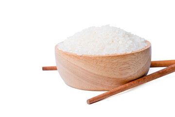 Fototapeta na wymiar Raw rice japanese in wooden bowl with chopsticks white on background.
