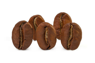 fresh roasted coffee beans stand close up on white background.