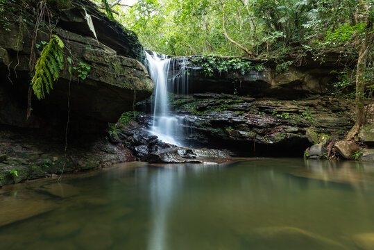 Kura Waterfall With Its Serene Atmosphere Full Of Vegetation, Refreshing Swimming Hole With Smooth Surface. Iriomote Island.