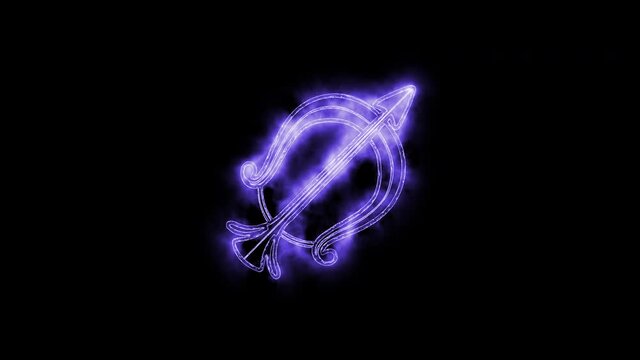 The Sagittarius zodiac symbol, horoscope sign lighting effect purple neon glow. Royalty high-quality free stock of Sagittarius sign isolated on black background. Horoscope, astrology icons with simple