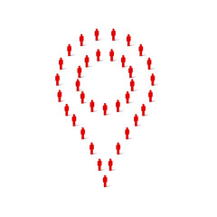 Human crowd in the shape of map pin marker. Stick figure red simple icons. Vector illustration