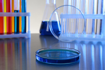 Petri dish with blue liquid on grey table in laboratory. Space for text