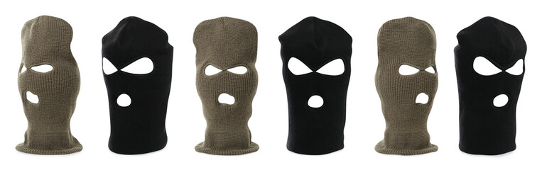 Set with different balaclavas on white background. Banner design