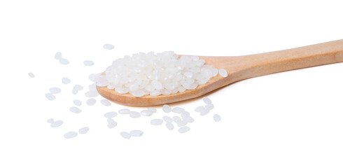 Raw rice japanese in wooden spoon on white background.