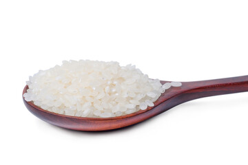 Fototapeta na wymiar Raw rice japanese in wooden spoon on white background.