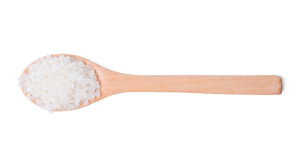Top view raw rice japan in wooden spoon on white background.
