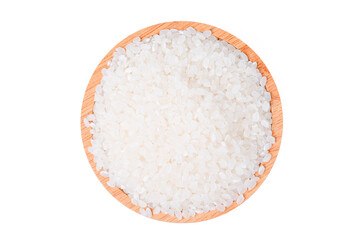 Fototapeta na wymiar Top view raw rice japan with wooden bowl white on background.