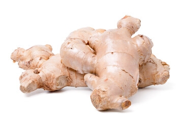 Fresh ginger root rhizome with shredded ginger on white background,