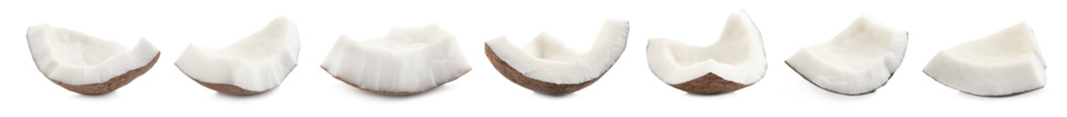 Set with pieces of ripe coconut on white background. Banner design