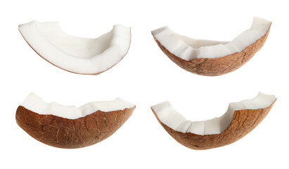 Fototapeta premium Set with pieces of ripe coconut on white background