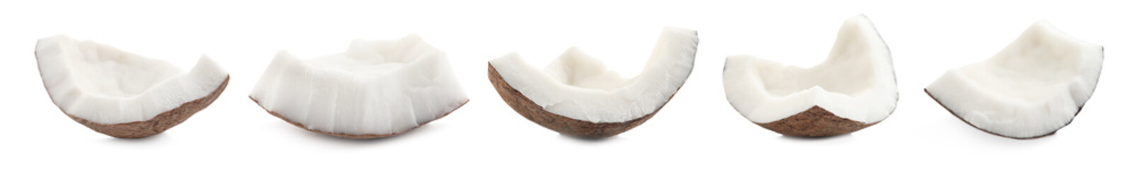 Set with pieces of ripe coconut on white background. Banner design
