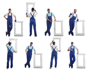 Workers with plastic window on white background, collage. Installation service