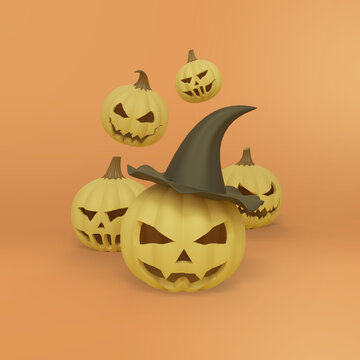 Halloween 3d rendering with pumpkin wearing a hat.