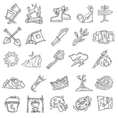Hiking adventure set icon ,trip,travel,camping. hand drawn icon design, outline black, vector icon.