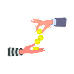 The person gives the money to the criminal. Vector illustration, flat cartoon color minimal design isolated on white background, eps 10.