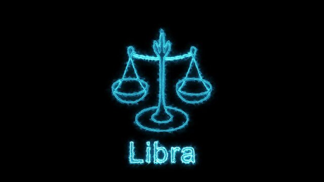 The Libra zodiac symbol, horoscope sign lighting effect blue neon glow. Royalty high-quality free stock of libra sign isolated on black background. Horoscope, astrology icons with simple