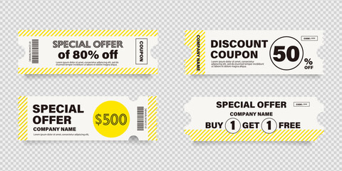 ビジネス用の黄色い縞模様の入ったクーポン券のベクターイラストセット