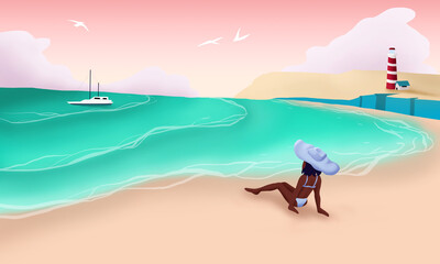 Obraz na płótnie Canvas Chica sentada en la orilla del mar con un faro y un barco de fondo
