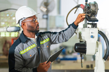 African mechanical engineer working for maintenance or repairing robotic welding machine in factory.