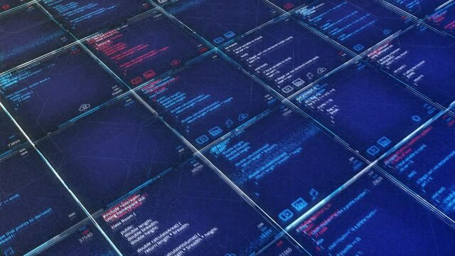 Abstract spyware scanning and analysing digital data on blue background, seamless loop. Animation. Harmful program and digital security concept.