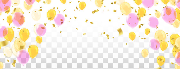 Golden effect balloons and gold confetti falling on the background. Greeting card