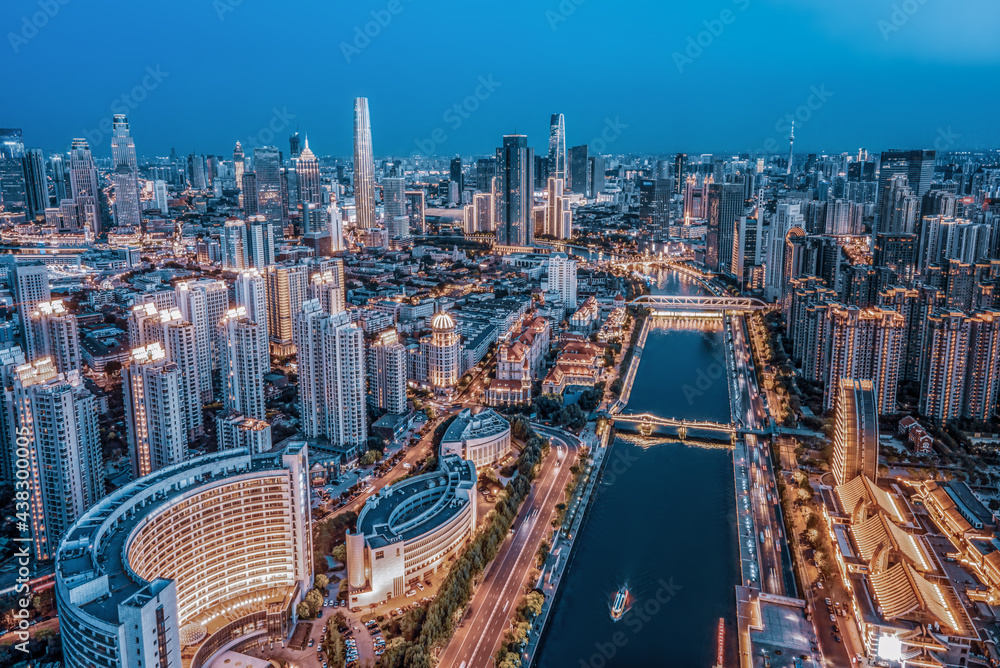 Wall mural aerial photography of tianjin city building skyline night view