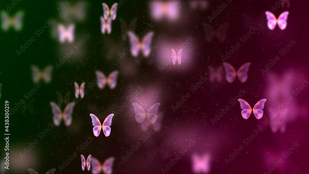 Poster blurry sharp fantasy swarm pink butterflies flapping wings with glitter sparkle dust on red and gree