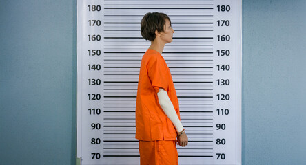 Wounded woman have mugshot in police department, she has an orange suit