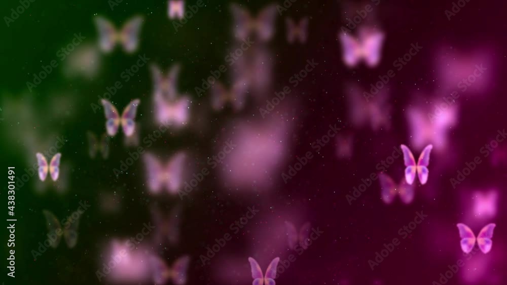 Poster blurry sharp fantasy swarm pink butterflies flying with flapping wings and glitter sparkle dust on r
