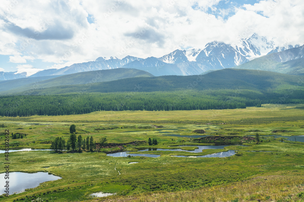 Wall mural beautiful green scenery with lake system on tableland among forest hills and snowy mountains. scenic