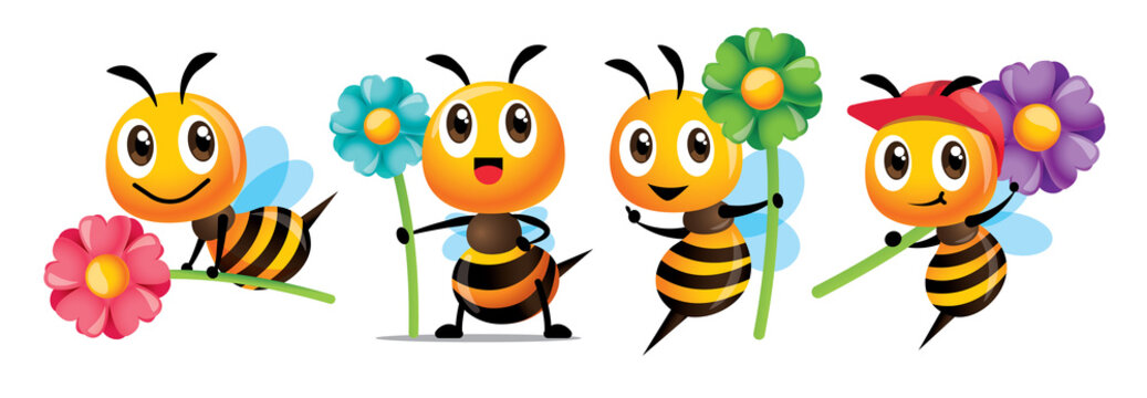 Cartoon cute bee with smile series holding big colourful flowers mascot set 