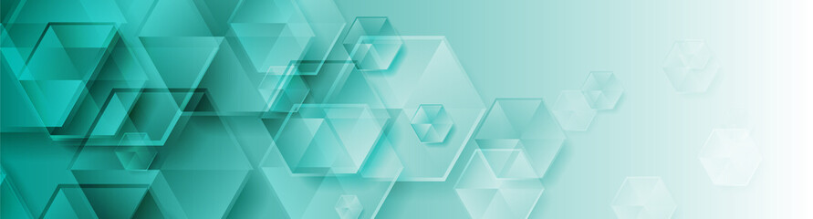 Glossy turquoise hexagons abstract tech background. Geometry vector banner design