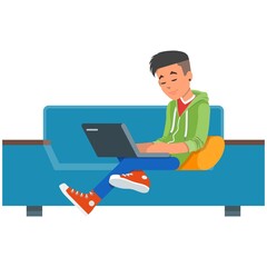 Boy with laptop computer on home sofa vector