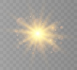 Lens flare, light effect. Flash blinks with beams and spotlight. Illust. Yellow glowing light. Beautiful star Light from rays. The sun is illuminated. Bright beautiful star. Sunlight. Glare.
