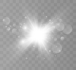 Special lens flash, light effect. The flash flashes rays and searchlight. illust.White glowing light. Beautiful star Light from the rays. The sun is backlit. Bright beautiful star. Sunlight. Glare.