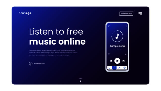 Hero image for a music app website to listen to music for free with a sample interface