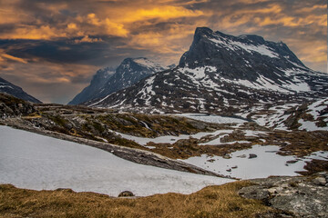 Obraz na płótnie Canvas beautiful landscape at sunset mountains forests rivers and glaciers Norway