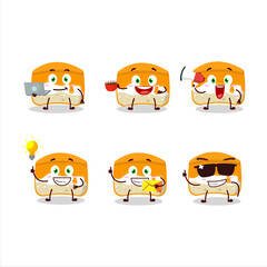 Orange cake cartoon character with various types of business emoticons